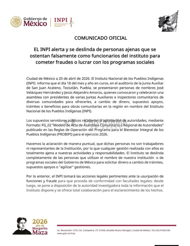 Comunicado del Instituto Nacional de los Pueblos Indígenas