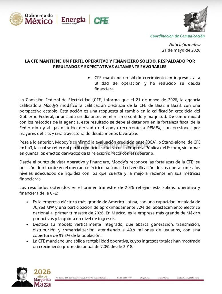 De acuerdo con la CFE, Moody’s reconoció fortalezas relevantes de la empresa, entre ellas su posición dominante en el mercado eléctrico nacional, la diversificación de operaciones, sus niveles de liquidez y la mejora reciente en sus indicadores financieros.