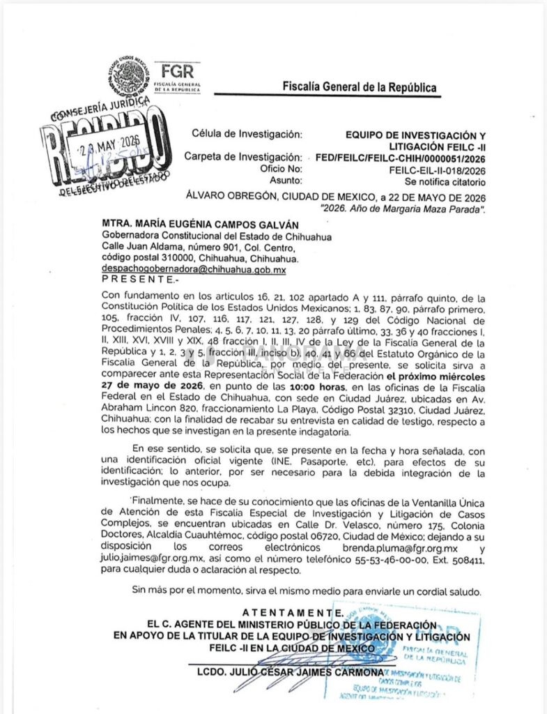 La gobernadora de Chihuahua, Maru Campos, acudirá este miércoles a comparecer ante la Fiscalía General de la República (FGR) en Ciudad Juárez.