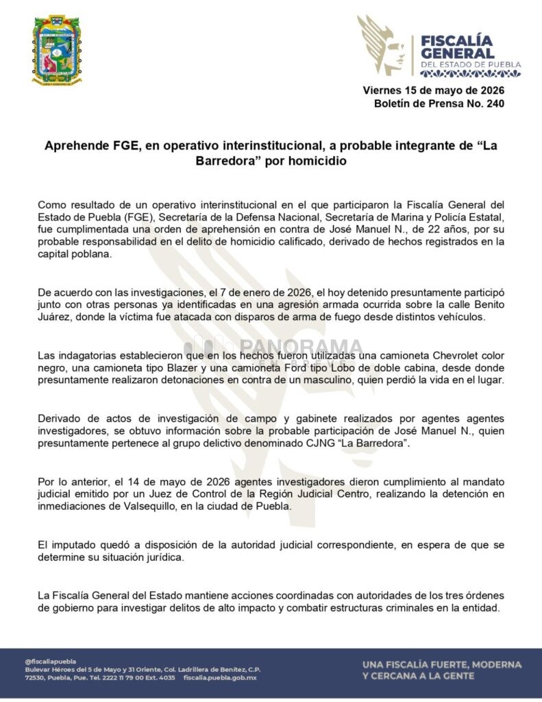 Detención de José Manuel N., de 22 años, señalado como probable responsable del delito de homicidio calificado y presunto integrante del grupo criminal conocido como CJNG “La Barredora”.