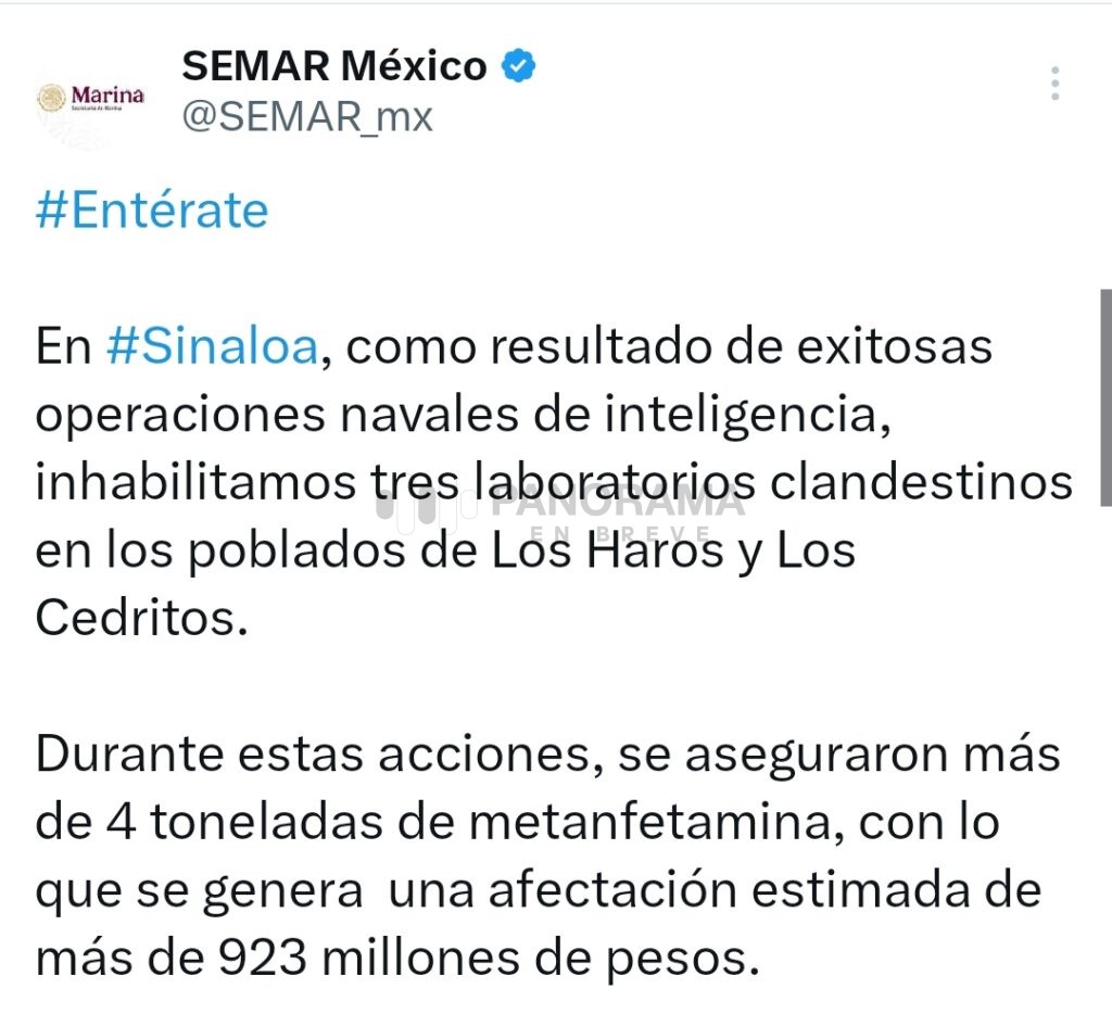 La Semar, en coordinación con la FGR, desmanteló tres laboratorios clandestinos utilizados para la elaboración de drogas sintéticas en los poblados de Los Haros y Los Cedritos, en el estado de Sinaloa.