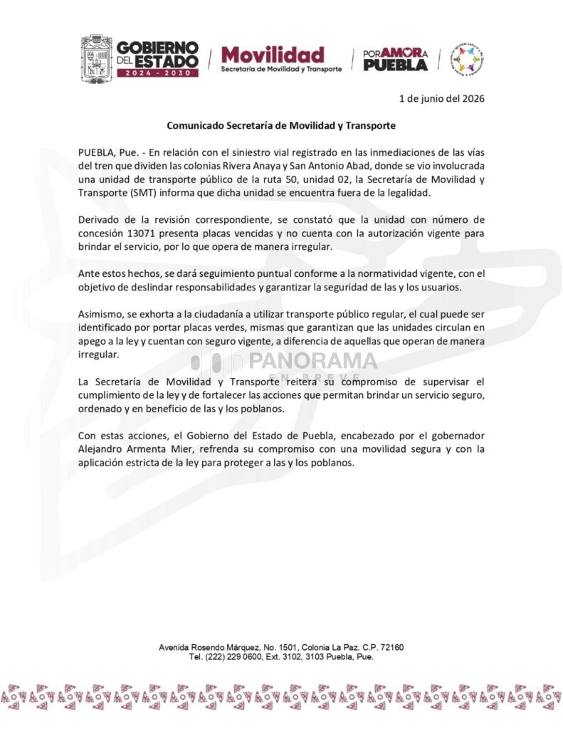 La Secretaría de Movilidad y Transporte informó que la unidad de transporte público de la ruta 50 involucrada en el accidente ferroviario de Rivera Anaya operaba de manera irregular. El saldo fue de 21 personas lesionadas.