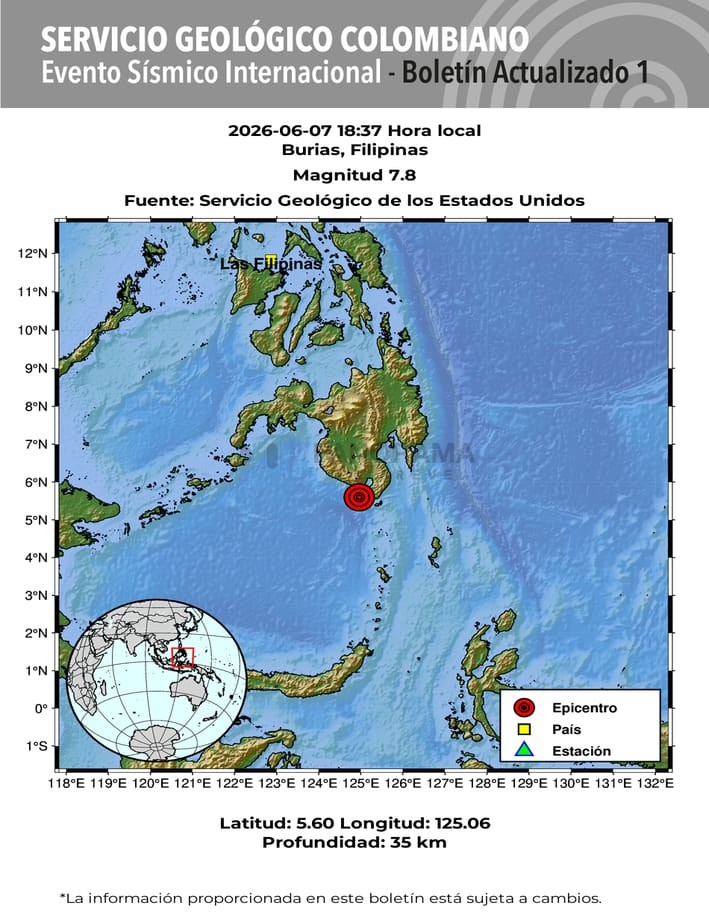 Un fuerte terremoto de magnitud 7.8 sacudió este lunes 8 de junio de 2026 la región de Mindanao, al sur de Filipinas