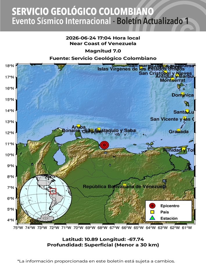 Un fuerte terremoto en Venezuela puso en alerta a varios países de la región la tarde de este miércoles 24 de junio de 2026.