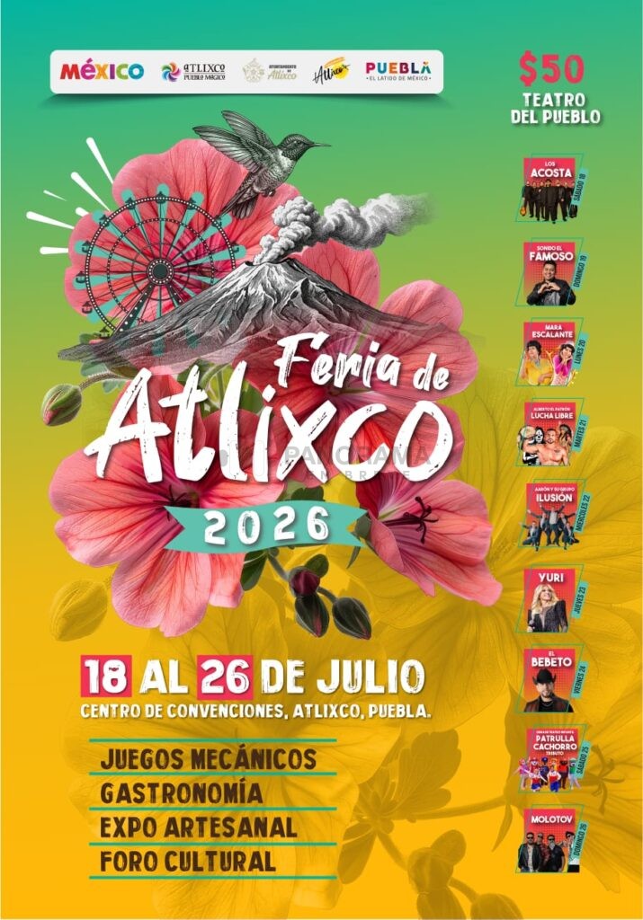 La presidenta de Atlixco Ariadna Ayala presentó la cartelera artística de la Feria de Atlixco 2026, que se llevará a cabo del 18 al 26 de julio en el Centro de Convenciones de Atlixco
