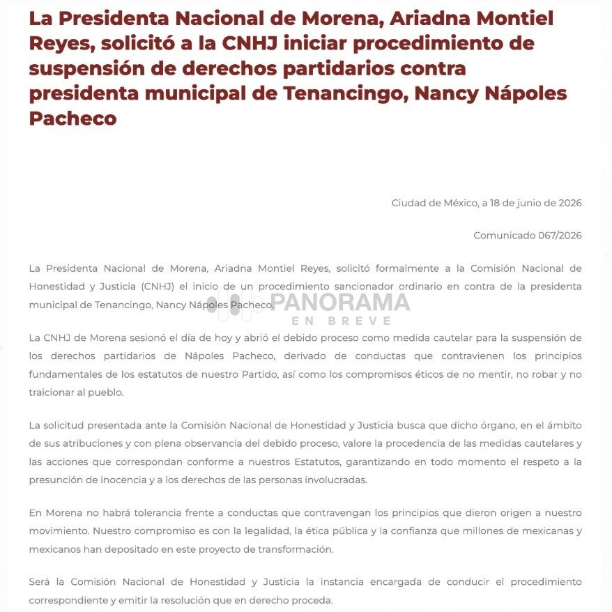 Morena solicita suspensión de derechos partidarios contra alcaldesa de Tenancingo.