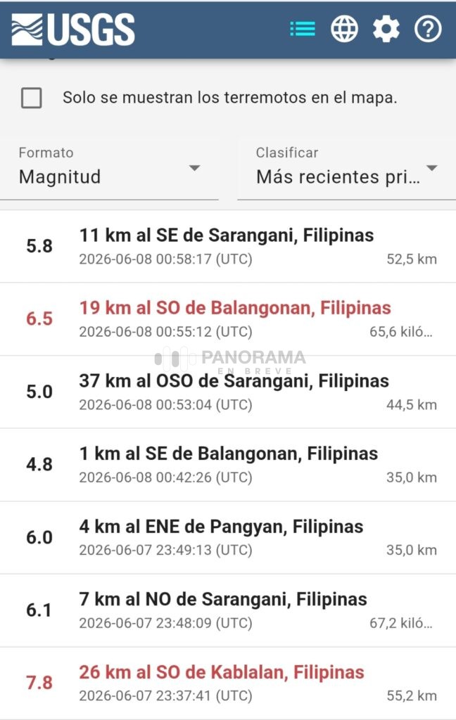 Un fuerte terremoto de magnitud 7.8 sacudió este lunes 8 de junio de 2026 la región de Mindanao, al sur de Filipinas.
