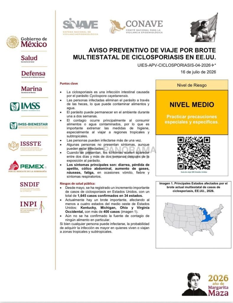 Se emitió un aviso preventivo dirigido a las personas que tienen previsto viajar a Estados Unidos, ante el incremento de casos de ciclosporiasis en Estados Unidos.