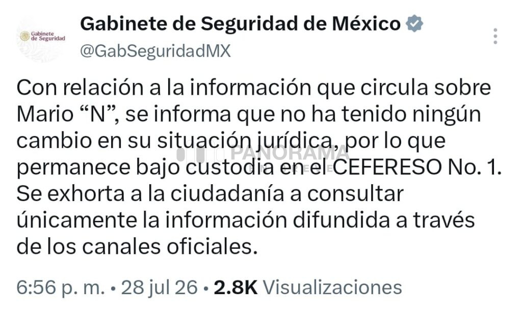 El exgobernador de Puebla, Mario Marín Torres, permanece internado en el Centro Federal de Readaptación Social (Cefereso) No. 1 "Altiplano".