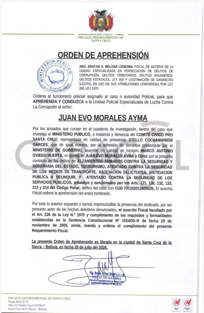 La Fiscalía de Bolivia emitió este miércoles una orden de aprehensión contra el expresidente Evo Morales, a quien investiga por la presunta comisión de los delitos de terrorismo.