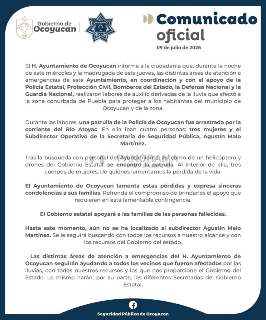 Autoridades localizaron tres cuerpos femeninos dentro de una patrulla en el río Atoyac, en Santa Clara Ocoyucan; sigue la búsqueda de un policía municipal desaparecido tras las lluvias.