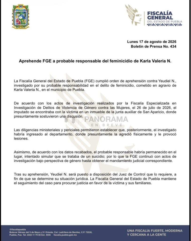 La muerte de Karla Valeria Jiménez Sánchez, de 22 años, ocurrida el pasado 26 de julio en Puebla, fue reclasificada como feminicidio.