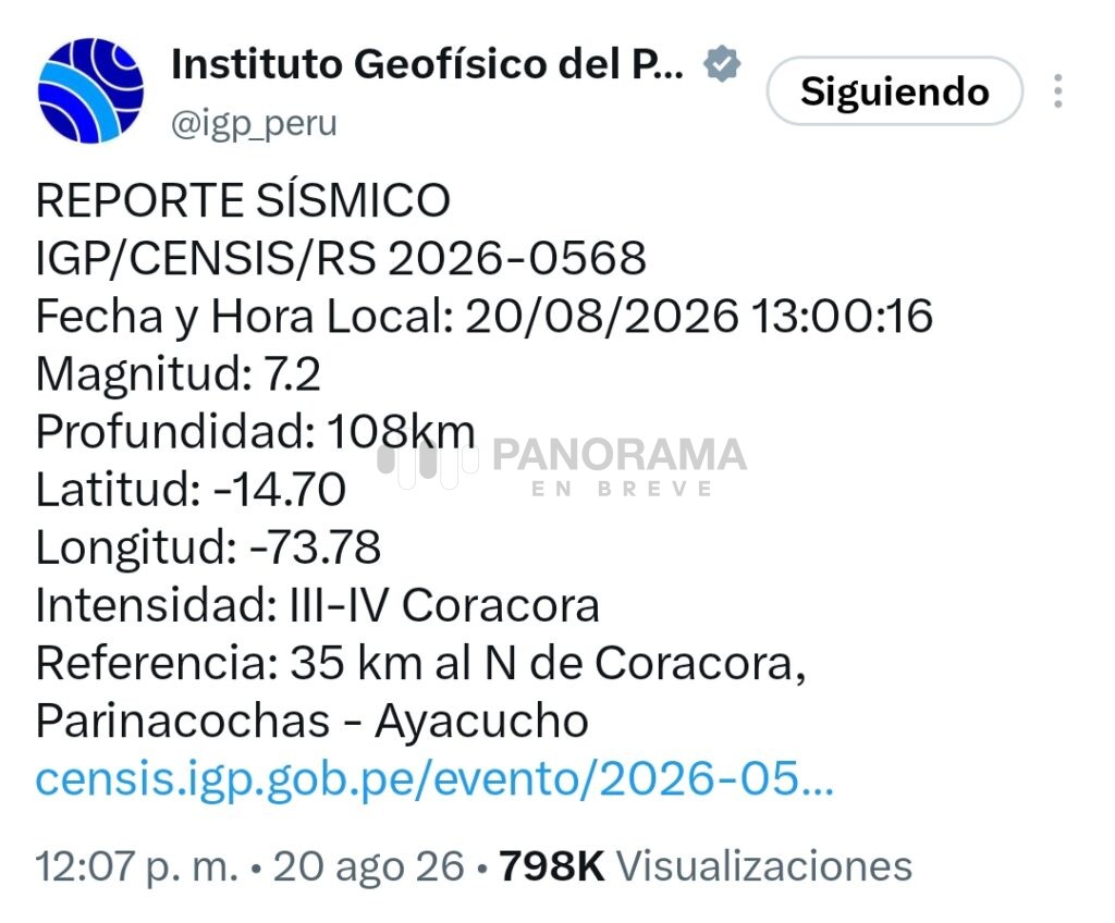 Un sismo de magnitud 7.2 sacudió este jueves la región andina de Ayacucho, en el sur de Perú, dejando hasta el momento afectaciones menores en viviendas.