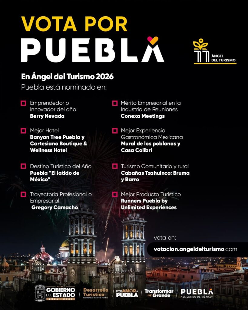 Puebla busca conquistar el voto del público en el Ángel del Turismo 2026, certamen que en su décima primera edición reúne a proyectos, empresas, destinos y profesionales de la industria turística. 