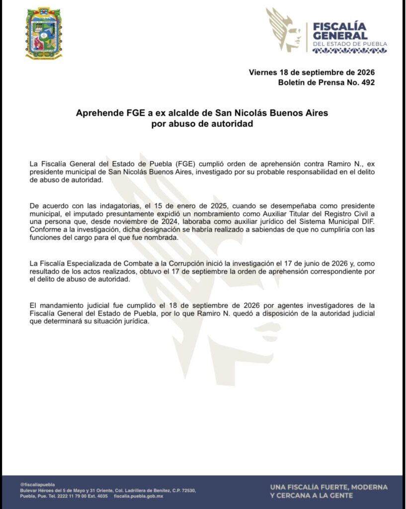La Fiscalía General del Estado de Puebla (FGE) ejecutó una orden de aprehensión contra Ramiro N., ex presidente municipal de San Nicolás Buenos Aires.