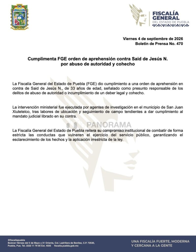 La Fiscalía General del Estado de Puebla (FGE) cumplimentó una orden de aprehensión contra Said de Jesús N., de 33 años de edad.