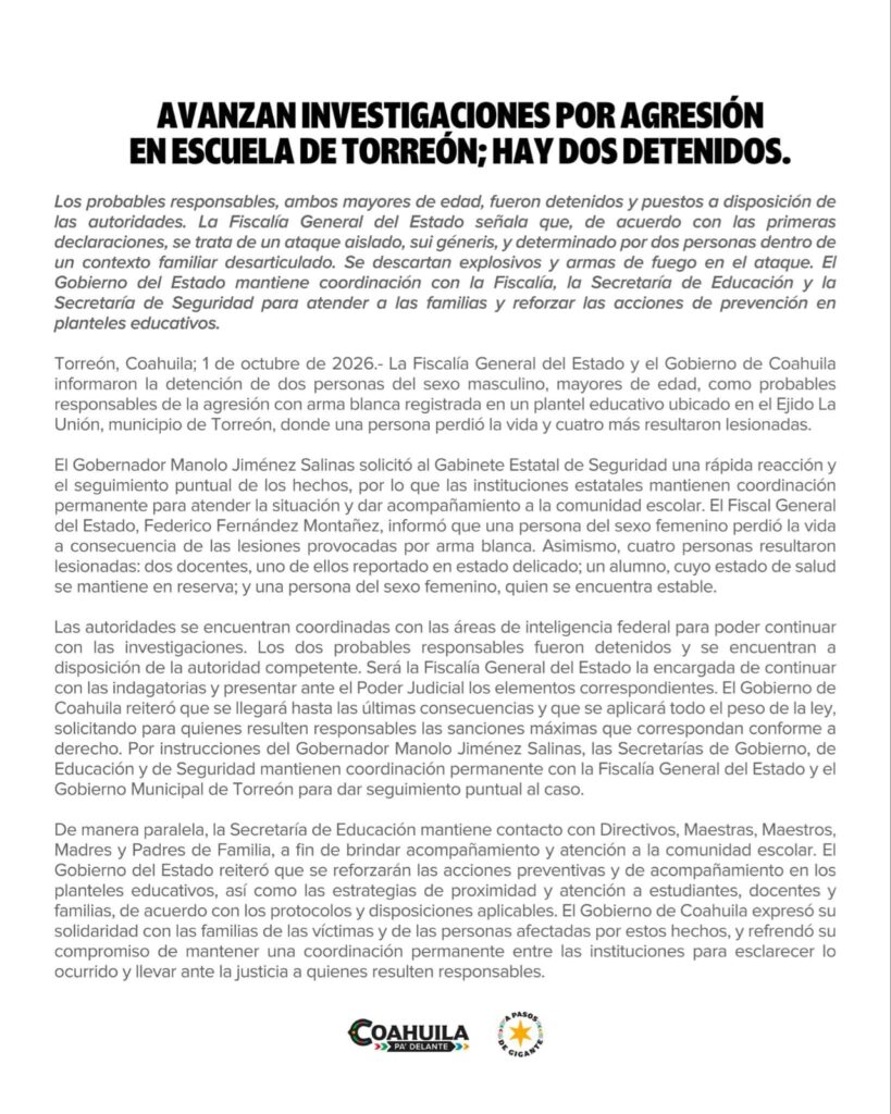 Una agresión registrada este 1 de octubre en la Secundaria General Número 13, ubicada en el ejido La Unión, Torreón, dejó a la subdirectora del plantel sin vida.