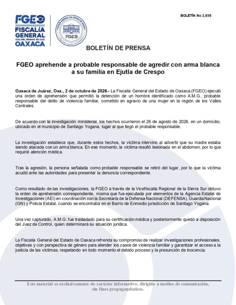 La Fiscalía General del Estado de Oaxaca (FGEO) ejecutó una orden de aprehensión contra un hombre identificado como A.M.G., señalado como probable responsable del delito.