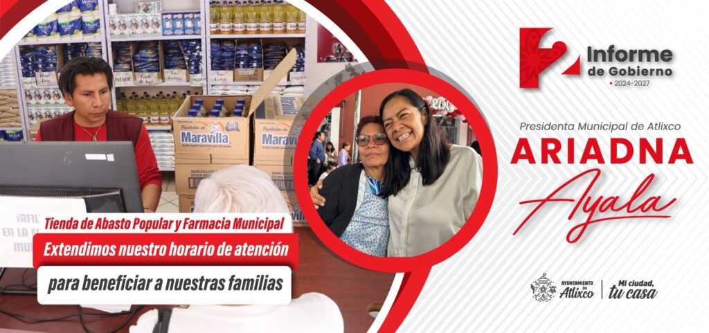 A dos años del inicio de la administración de Ariadna Ayala, la Tienda de Abasto Popular y la Farmacia Municipal reportan un total de 22 mil 583 familias beneficiadas en Atlixco.
