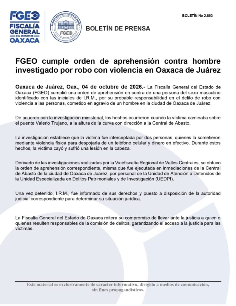 Un hombre identificado con las iniciales I.R.M. fue detenido en Oaxaca de Juárez.